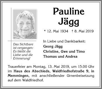 Traueranzeige von Pauline Jägg von Memminger Zeitung