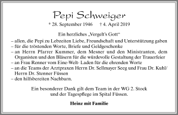 Traueranzeige von Pepi Schweiger von Allgäuer Zeitung, Füssen