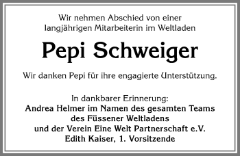 Traueranzeige von Pepi Schweiger von Allgäuer Zeitung, Füssen
