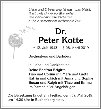 Traueranzeige von Peter Kotte von Allgäuer Zeitung,Kempten