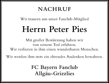 Traueranzeige von Peter Pies von Der Westallgäuer