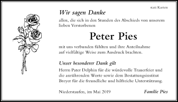 Traueranzeige von Peter Pies von Der Westallgäuer