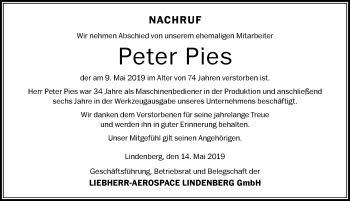 Traueranzeige von Peter Pies von Der Westallgäuer
