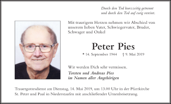 Traueranzeige von Peter Pies von Der Westallgäuer