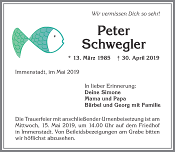 Traueranzeige von Peter Schwegler von Allgäuer Anzeigeblatt