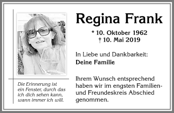 Traueranzeige von Regina Frank von Allgäuer Zeitung,Kempten