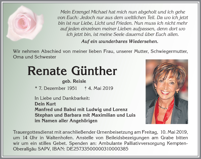  Traueranzeige für Renate Günther vom 07.05.2019 aus Allgäuer Zeitung,Kempten