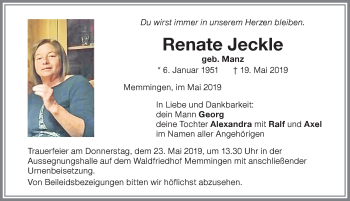 Traueranzeige von Renate Jeckle von Memminger Zeitung
