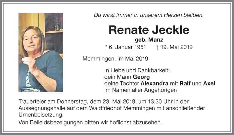  Traueranzeige für Renate Jeckle vom 22.05.2019 aus Memminger Zeitung