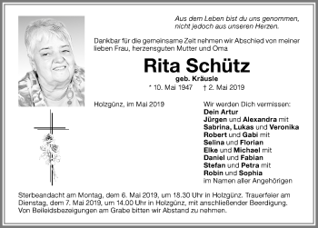 Traueranzeige von Rita Schütz von Memminger Zeitung