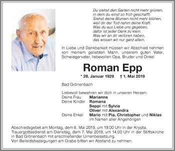Traueranzeige von Roman Epp von Memminger Zeitung