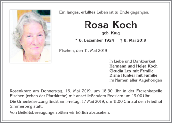 Traueranzeige von Rosa Koch von Allgäuer Anzeigeblatt