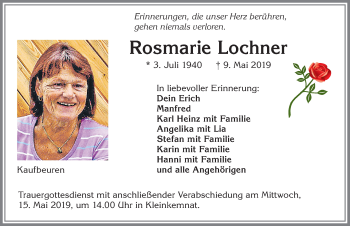 Traueranzeige von Rosmarie Lochner von Allgäuer Zeitung, Kaufbeuren/Buchloe