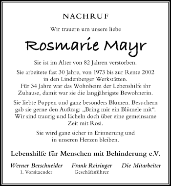 Traueranzeige von Rosmarie Mayr von Der Westallgäuer