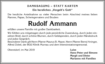 Traueranzeige von Rudolf Ammann von Allgäuer Anzeigeblatt
