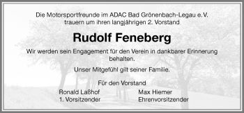 Traueranzeige von Rudolf Feneberg von Memminger Zeitung