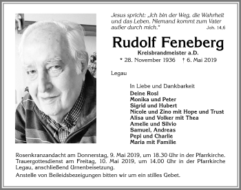 Traueranzeige von Rudolf Feneberg von Allgäuer Zeitung