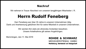 Traueranzeige von Rudolf Feneberg von Memminger Zeitung