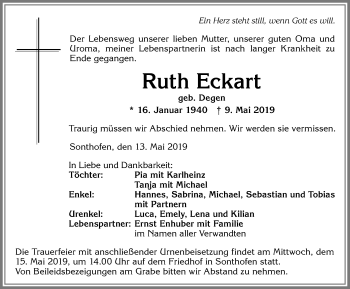 Traueranzeige von Ruth Eckart von Allgäuer Anzeigeblatt