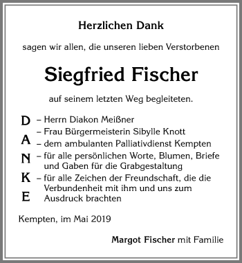 Traueranzeige von Siegfried Fischer von Allgäuer Zeitung,Kempten