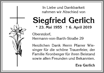 Traueranzeige von Siegfried Gerlich von Allgäuer Anzeigeblatt