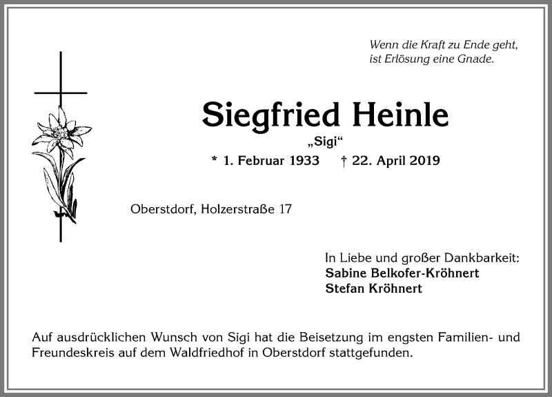  Traueranzeige für Siegfried Heinle vom 11.05.2019 aus Allgäuer Anzeigeblatt