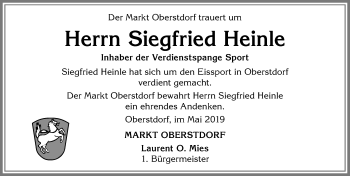 Traueranzeige von Siegfried Heinle von Allgäuer Anzeigeblatt