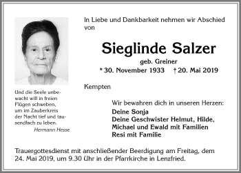 Traueranzeige von Sieglinde Salzer von Allgäuer Zeitung,Kempten