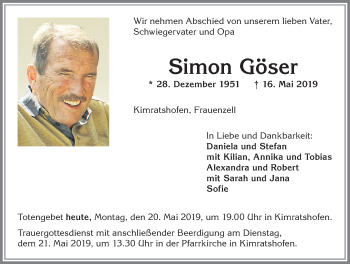 Traueranzeige von Simon Göser von Allgäuer Zeitung,Kempten
