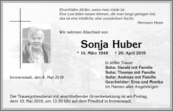 Traueranzeige von Sonja Huber von Allgäuer Anzeigeblatt