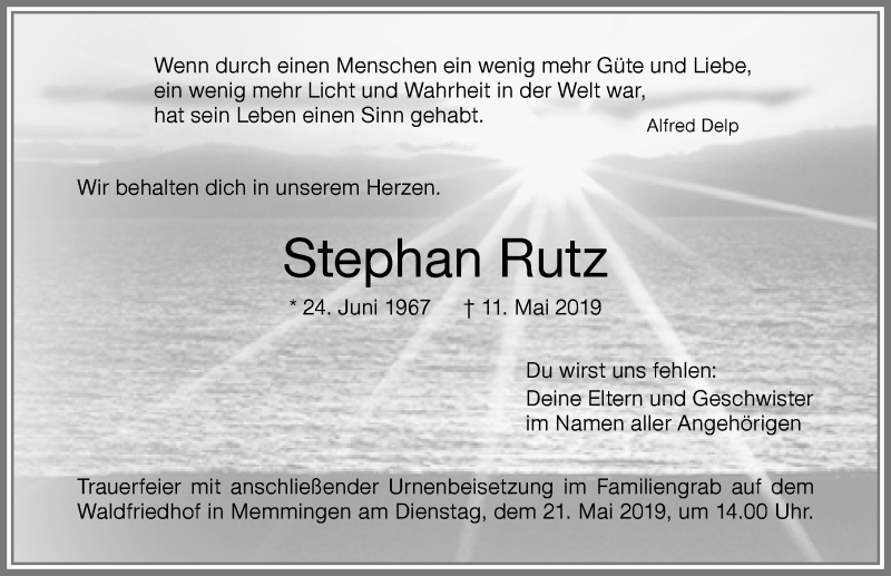  Traueranzeige für Stephan Rutz vom 18.05.2019 aus Memminger Zeitung