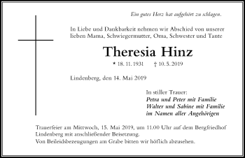 Traueranzeige von Theresia Hinz von Der Westallgäuer