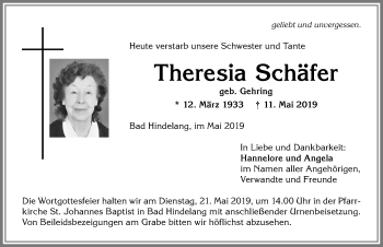 Traueranzeige von Theresia Schäfer von Allgäuer Anzeigeblatt