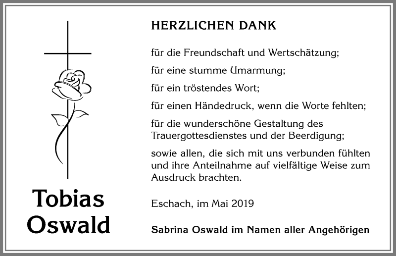  Traueranzeige für Tobias Oswald vom 04.05.2019 aus Allgäuer Zeitung,Kempten