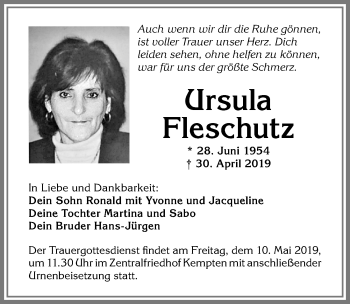 Traueranzeige von Ursula Fleschutz von Allgäuer Zeitung,Kempten