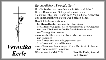 Traueranzeige von Veronika Kerle von Allgäuer Zeitung, Füssen
