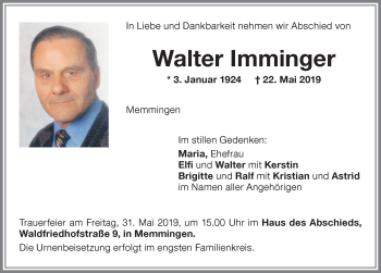 Traueranzeige von Walter Imminger von Memminger Zeitung