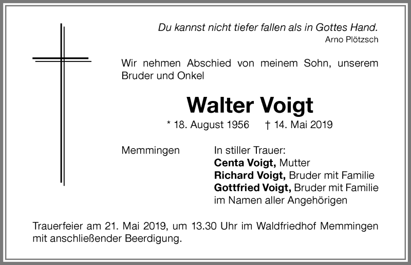  Traueranzeige für Walter Voigt vom 18.05.2019 aus Memminger Zeitung