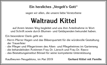 Traueranzeige von Waltraud Kittel von Allgäuer Zeitung, Kaufbeuren/Buchloe
