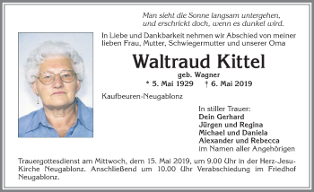 Traueranzeige von Waltraud Kittel von Allgäuer Zeitung, Kaufbeuren/Buchloe