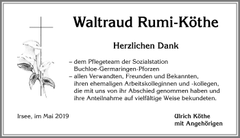 Traueranzeige von Waltraud Rumi-Köthe von Allgäuer Zeitung, Kaufbeuren/Buchloe