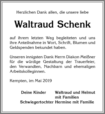 Traueranzeige von Waltraud Schenk von Allgäuer Zeitung,Kempten
