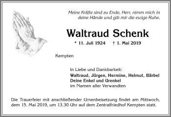 Traueranzeige von Waltraud Schenk von Allgäuer Zeitung,Kempten