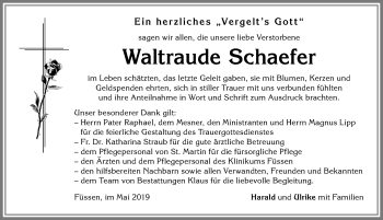 Traueranzeige von Waltraude Schaefer von Allgäuer Zeitung