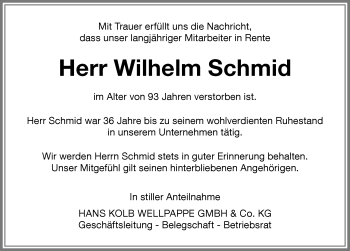 Traueranzeige von Wilhelm Schmid von Memminger Zeitung