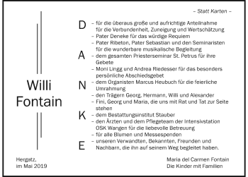 Traueranzeige von Willi Fontain von Der Westallgäuer