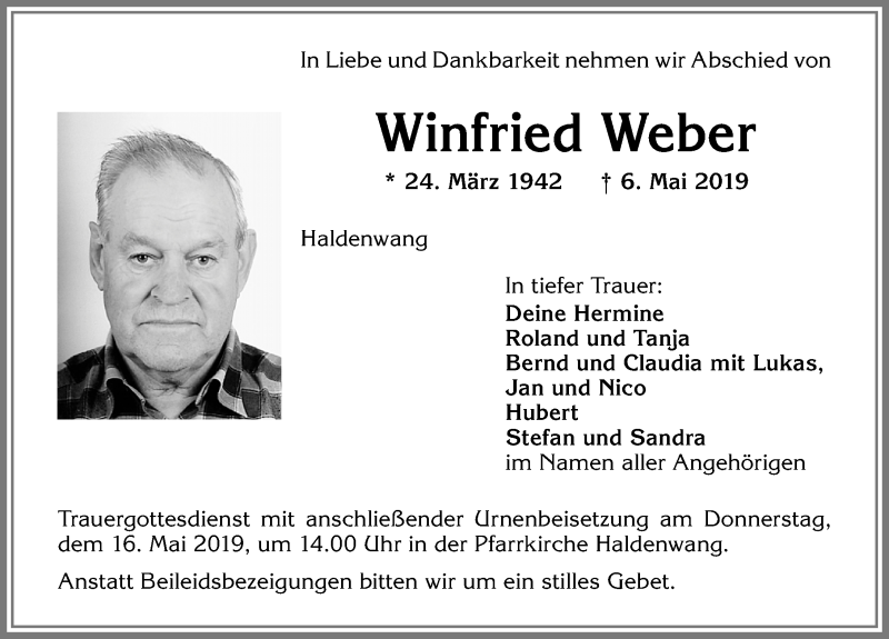  Traueranzeige für Winfried Weber vom 14.05.2019 aus Allgäuer Zeitung,Kempten