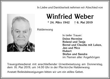 Traueranzeige von Winfried Weber von Allgäuer Zeitung,Kempten