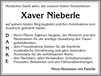 Traueranzeige von Xaver Nieberle von Allgäuer Zeitung, Marktoberdorf