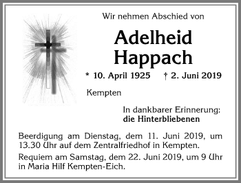 Traueranzeige von Adelheid Happach von Allgäuer Zeitung,Kempten